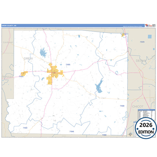 Drew County, AR Business Reference 5 Digit ZIP Code Wall Map