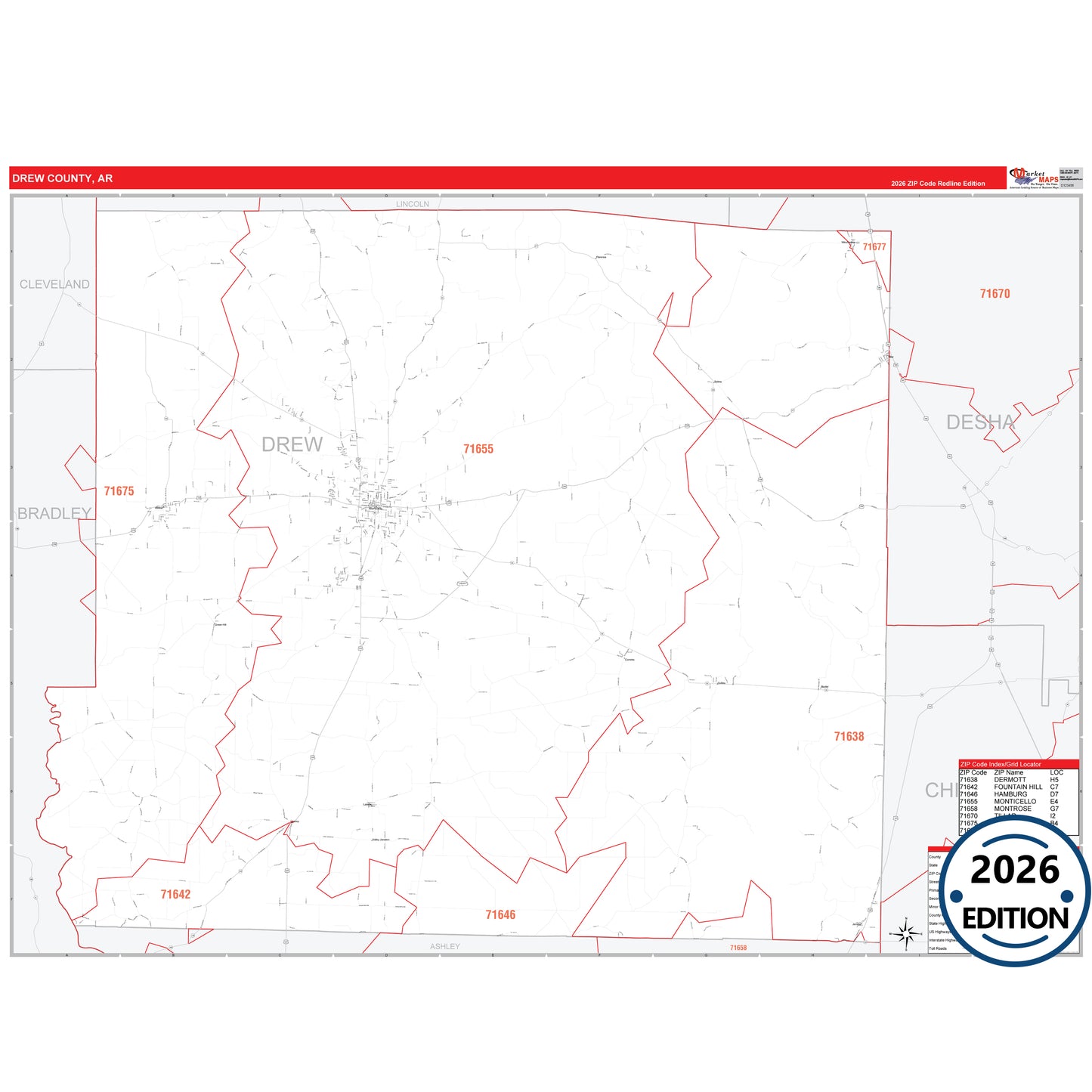 Drew County, AR Red Line 5 Digit ZIP Code Wall Map