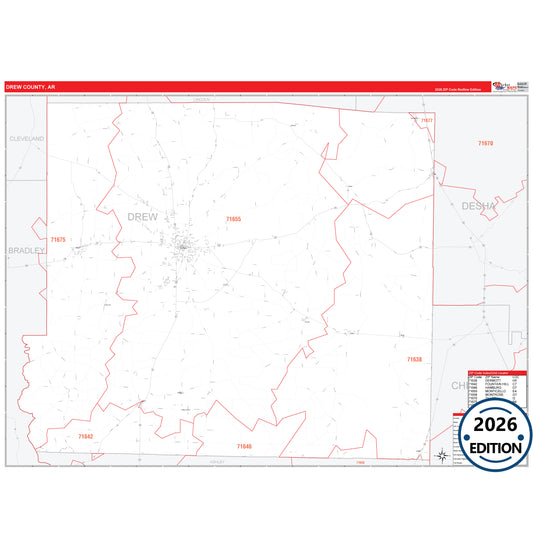 Drew County, AR Red Line 5 Digit ZIP Code Wall Map
