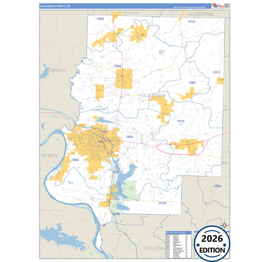 Faulkner County, AR Business Reference 5 Digit ZIP Code Wall Map