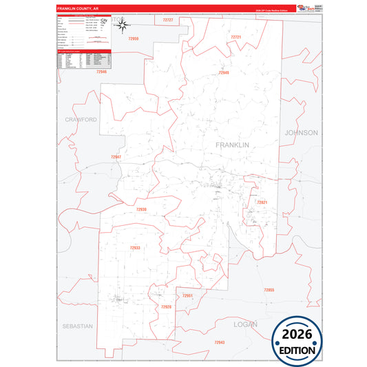 Franklin County, AR Red Line 5 Digit ZIP Code Wall Map
