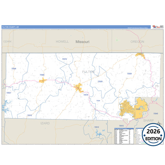 Fulton County, AR Business Reference 5 Digit ZIP Code Wall Map