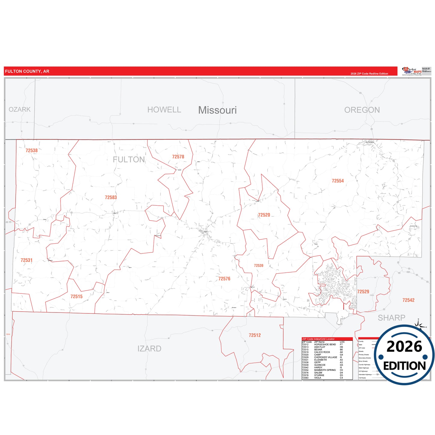 Fulton County, AR Red Line 5 Digit ZIP Code Wall Map