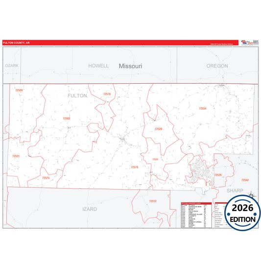 Fulton County, AR Red Line 5 Digit ZIP Code Wall Map
