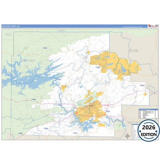 Garland County, AR Business Reference 5 Digit ZIP Code Wall Map