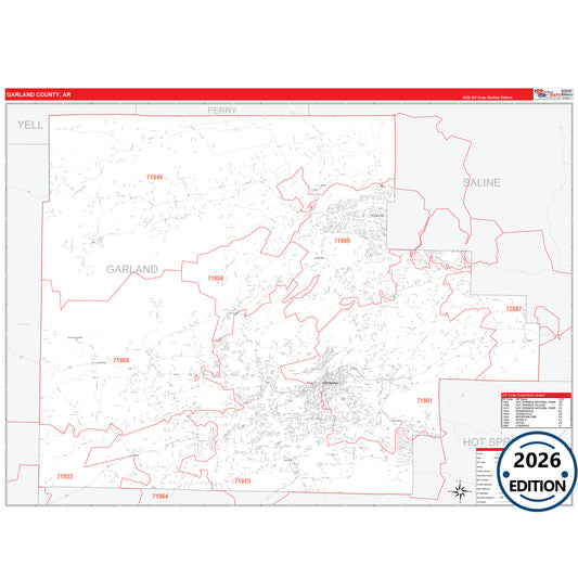 Garland County, AR Red Line 5 Digit ZIP Code Wall Map