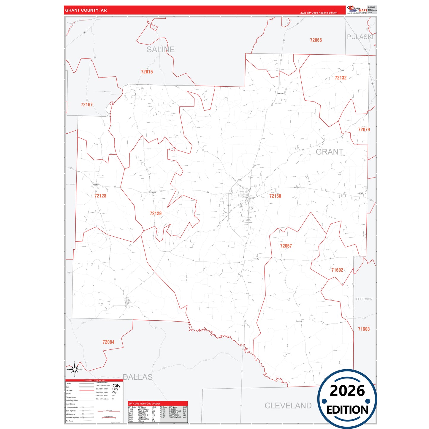 Grant County, AR Red Line 5 Digit ZIP Code Wall Map
