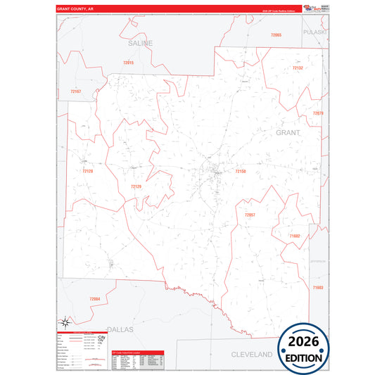 Grant County, AR Red Line 5 Digit ZIP Code Wall Map