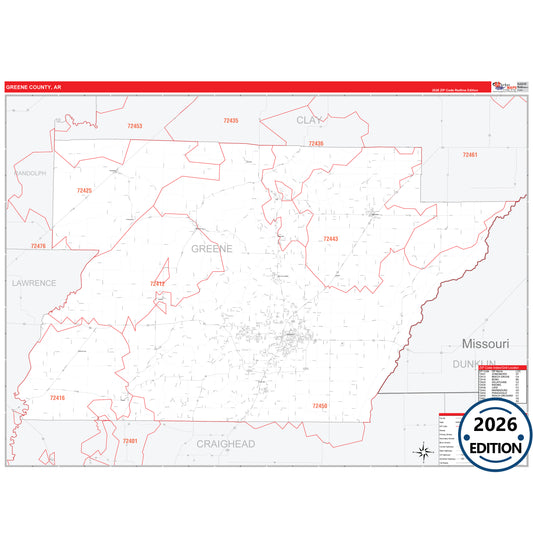 Greene County, AR Red Line 5 Digit ZIP Code Wall Map