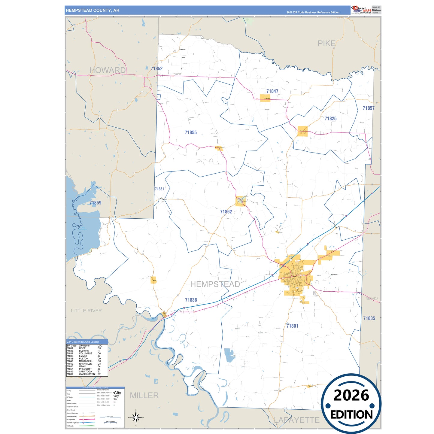 Hempstead County, AR Business Reference 5 Digit ZIP Code Wall Map