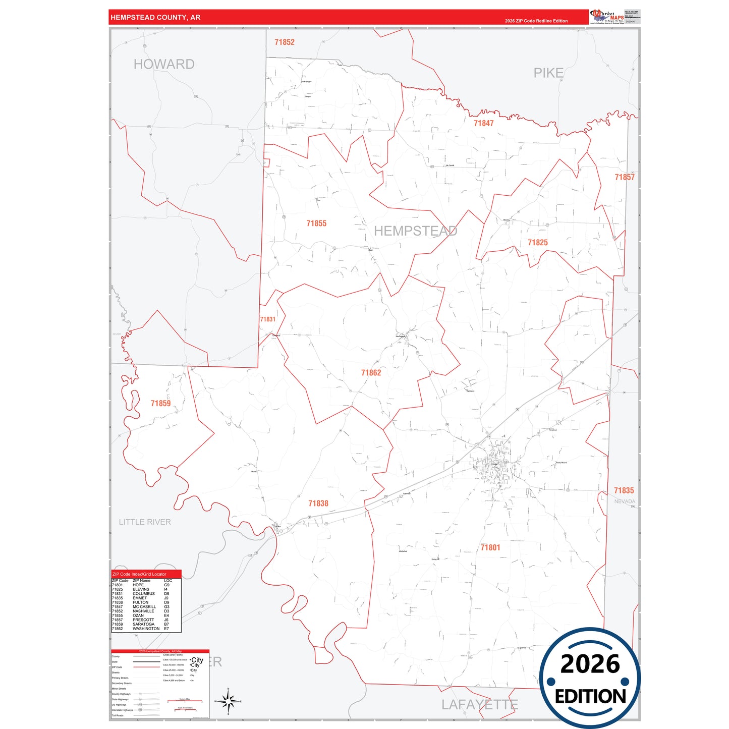 Hempstead County, AR Red Line 5 Digit ZIP Code Wall Map