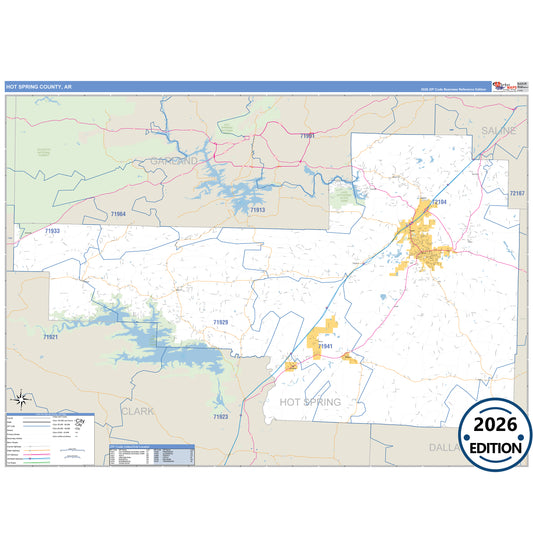 Hot Spring County, AR Business Reference 5 Digit ZIP Code Wall Map