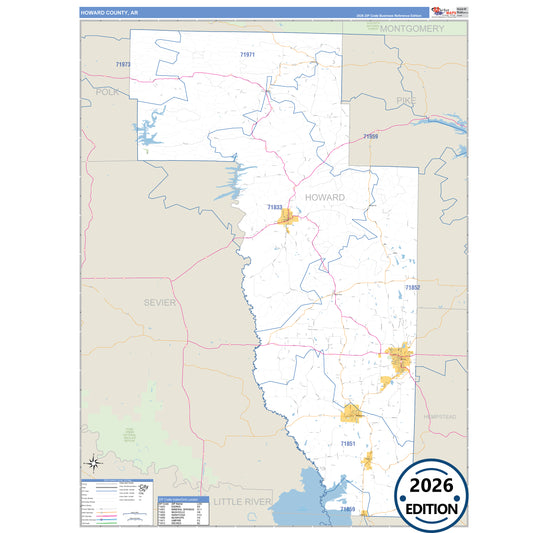 Howard County, AR Business Reference 5 Digit ZIP Code Wall Map