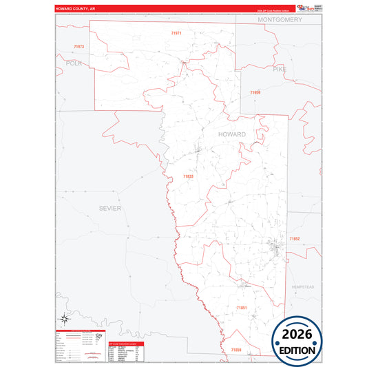 Howard County, AR Red Line 5 Digit ZIP Code Wall Map
