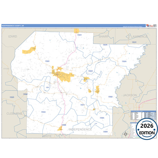 Independence County, AR Business Reference 5 Digit ZIP Code Wall Map