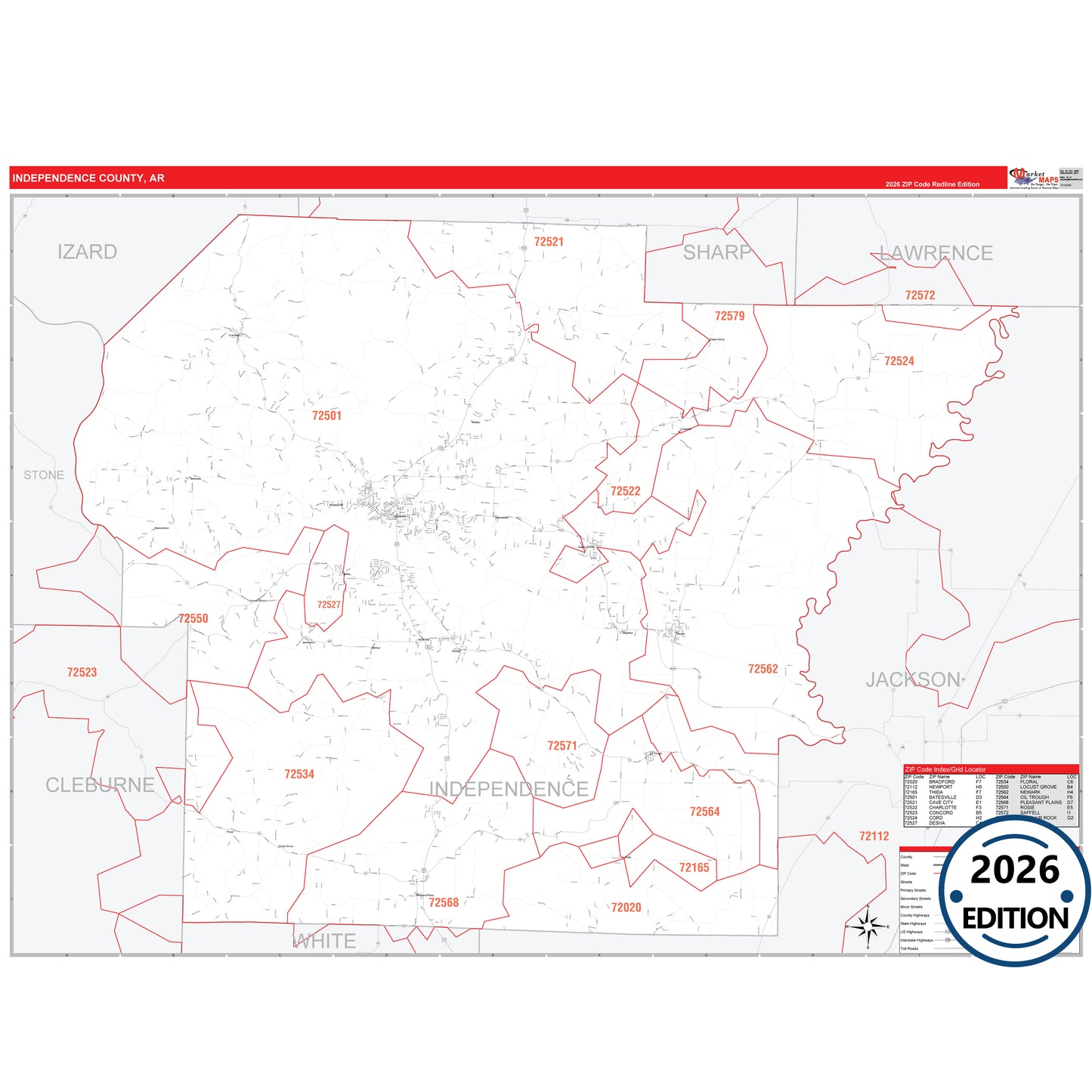 Independence County, AR Red Line 5 Digit ZIP Code Wall Map
