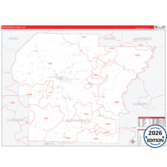 Independence County, AR Red Line 5 Digit ZIP Code Wall Map