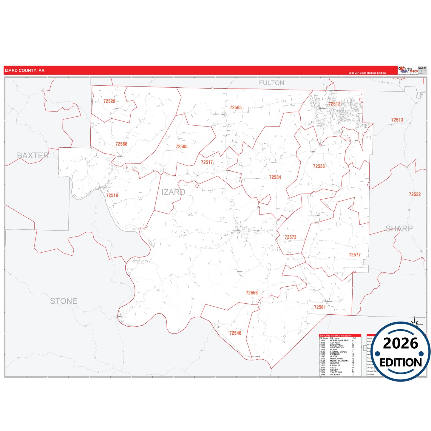 Izard County, AR Red Line 5 Digit ZIP Code Wall Map