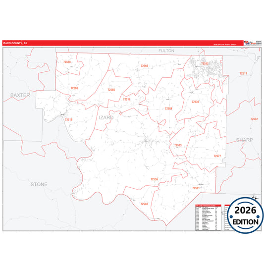 Izard County, AR Red Line 5 Digit ZIP Code Wall Map