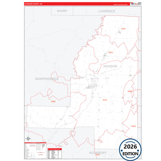 Jackson County, AR Red Line 5 Digit ZIP Code Wall Map