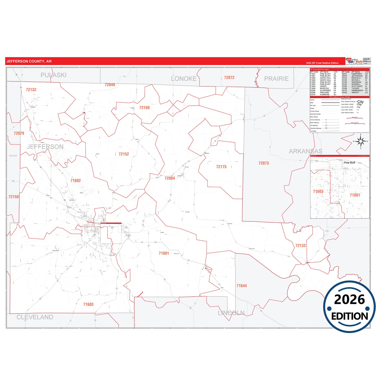 Jefferson County, AR Red Line 5 Digit ZIP Code Wall Map