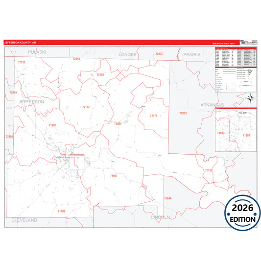 Jefferson County, AR Red Line 5 Digit ZIP Code Wall Map
