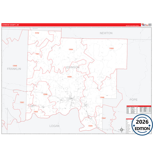 Johnson County, AR Red Line 5 Digit ZIP Code Wall Map