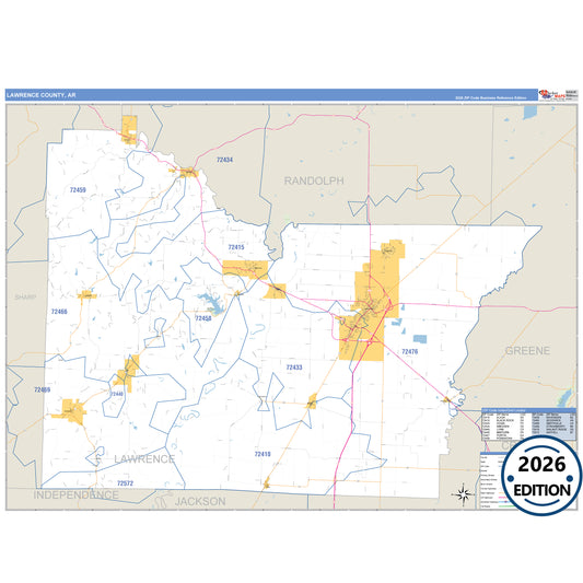 Lawrence County, AR Business Reference 5 Digit ZIP Code Wall Map