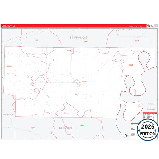 Lee County, AR Red Line 5 Digit ZIP Code Wall Map