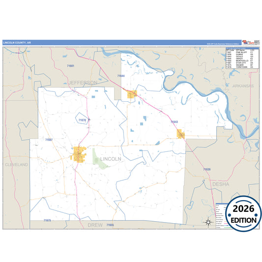 Lincoln County, AR Business Reference 5 Digit ZIP Code Wall Map