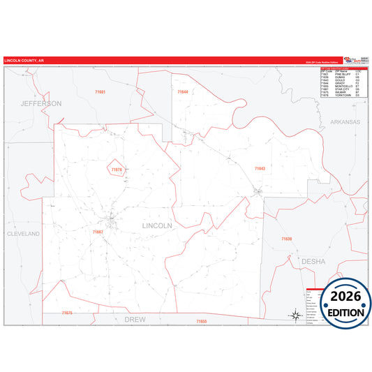 Lincoln County, AR Red Line 5 Digit ZIP Code Wall Map