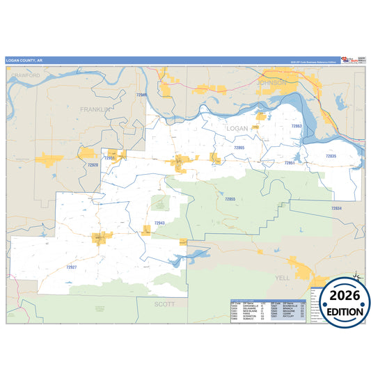 Logan County, AR Business Reference 5 Digit ZIP Code Wall Map