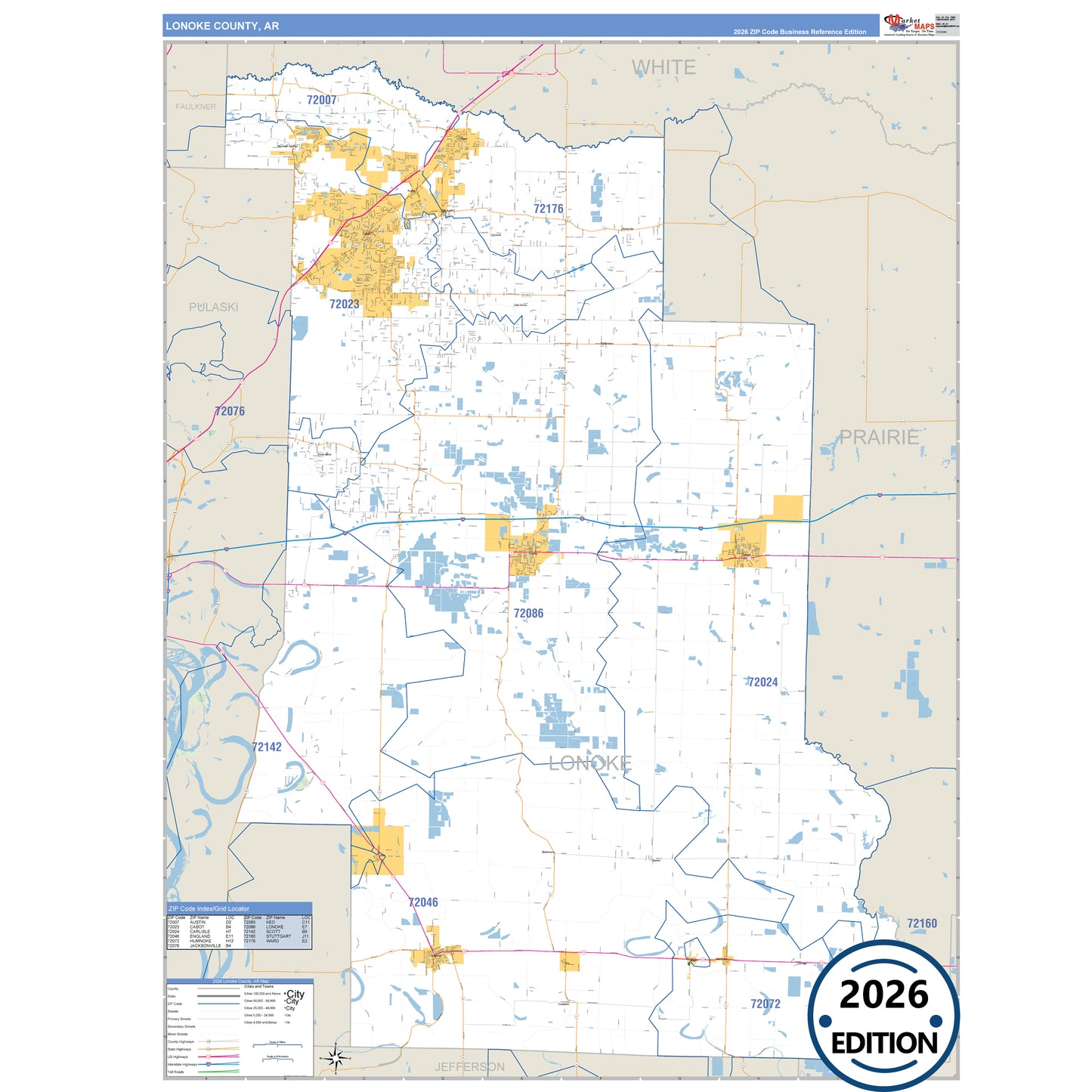 Lonoke County, AR Business Reference 5 Digit ZIP Code Wall Map