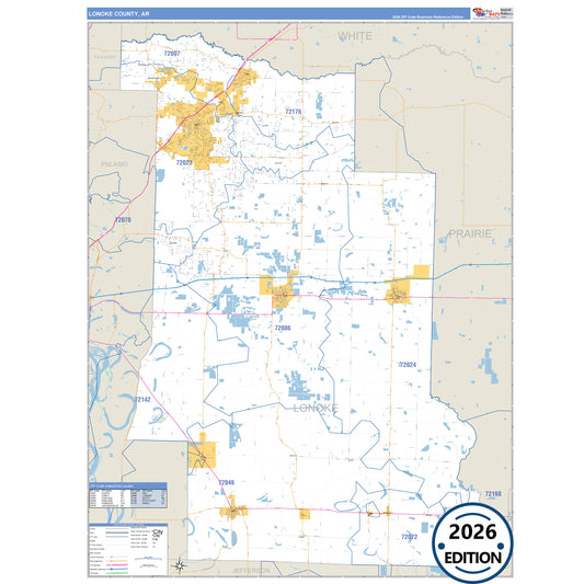 Lonoke County, AR Business Reference 5 Digit ZIP Code Wall Map