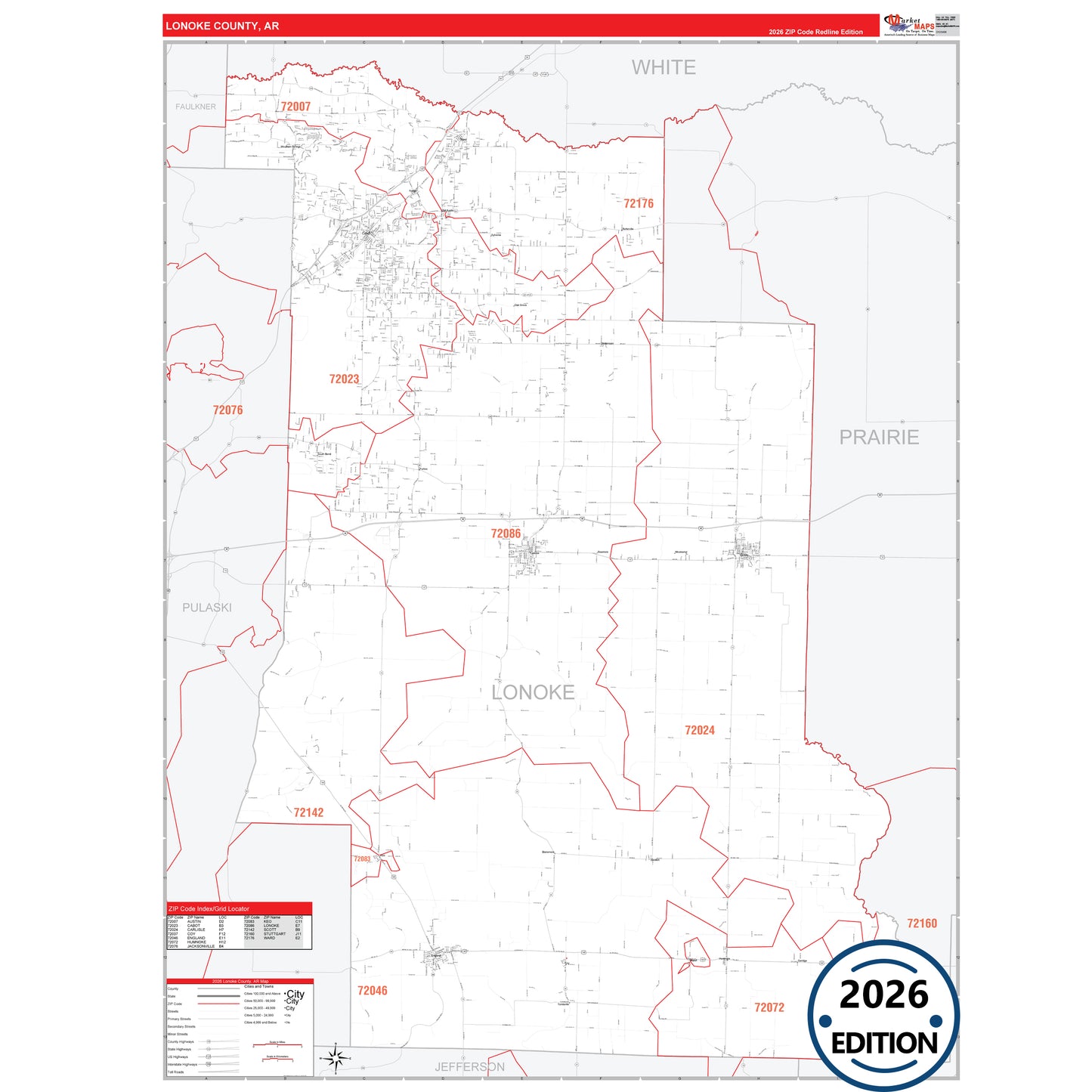 Lonoke County, AR Red Line 5 Digit ZIP Code Wall Map