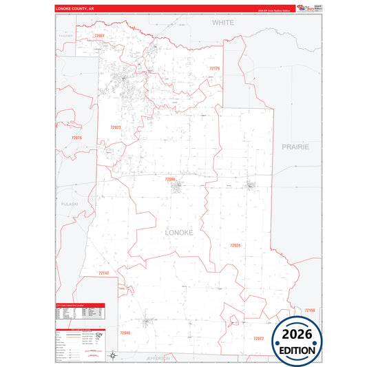 Lonoke County, AR Red Line 5 Digit ZIP Code Wall Map
