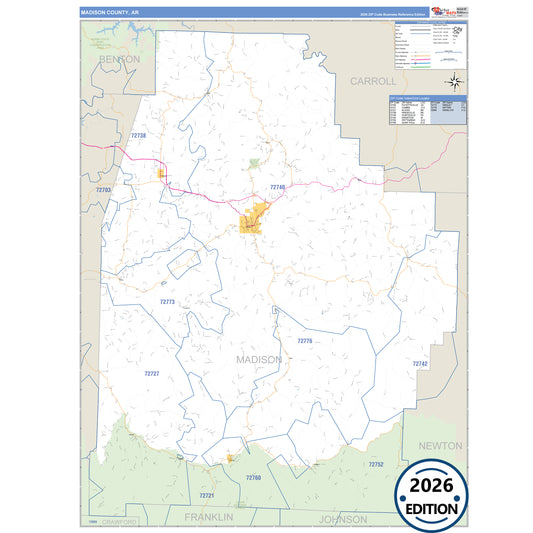 Madison County, AR Business Reference 5 Digit ZIP Code Wall Map