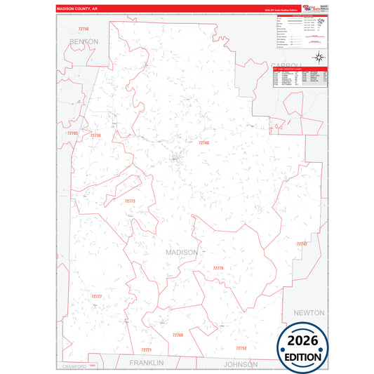 Madison County, AR Red Line 5 Digit ZIP Code Wall Map