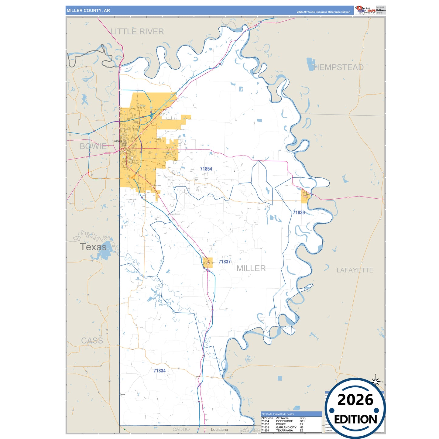 Miller County, AR Business Reference 5 Digit ZIP Code Wall Map