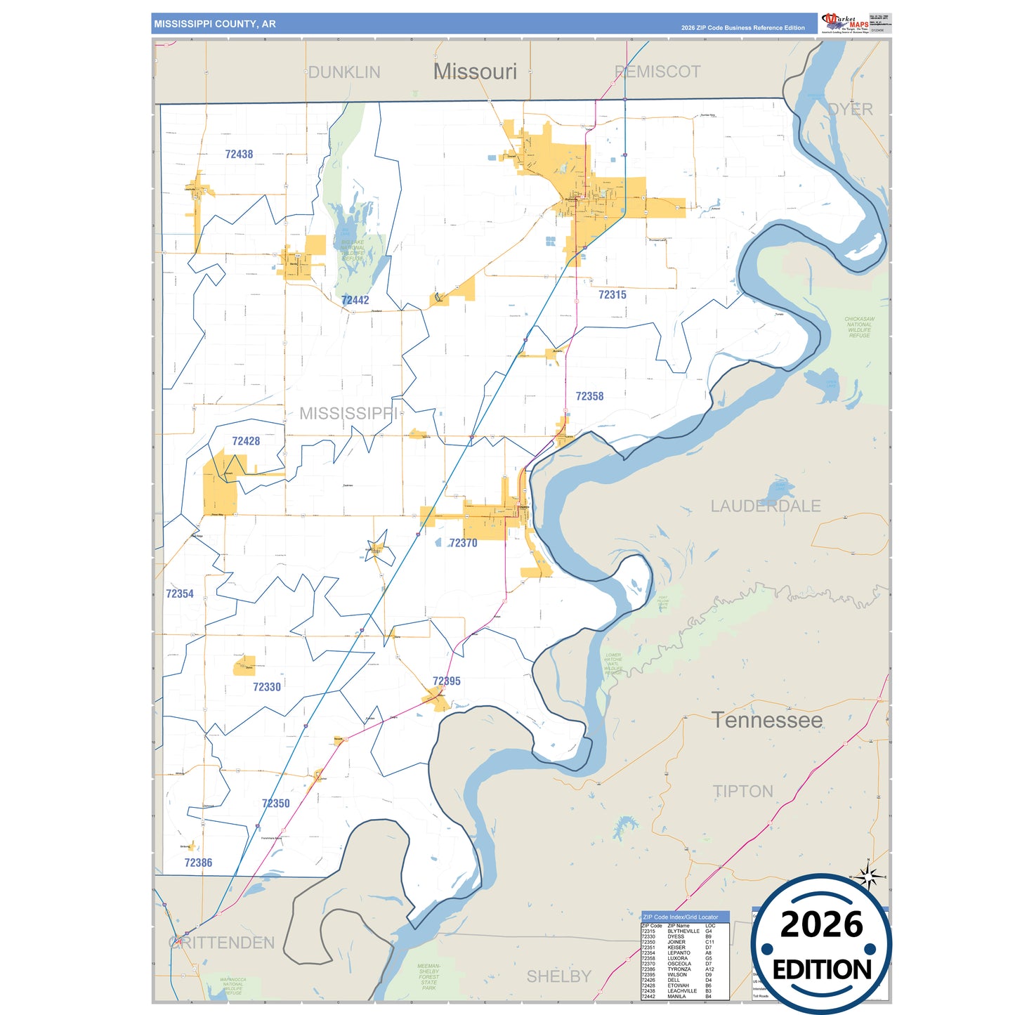 Mississippi County, AR Business Reference 5 Digit ZIP Code Wall Map