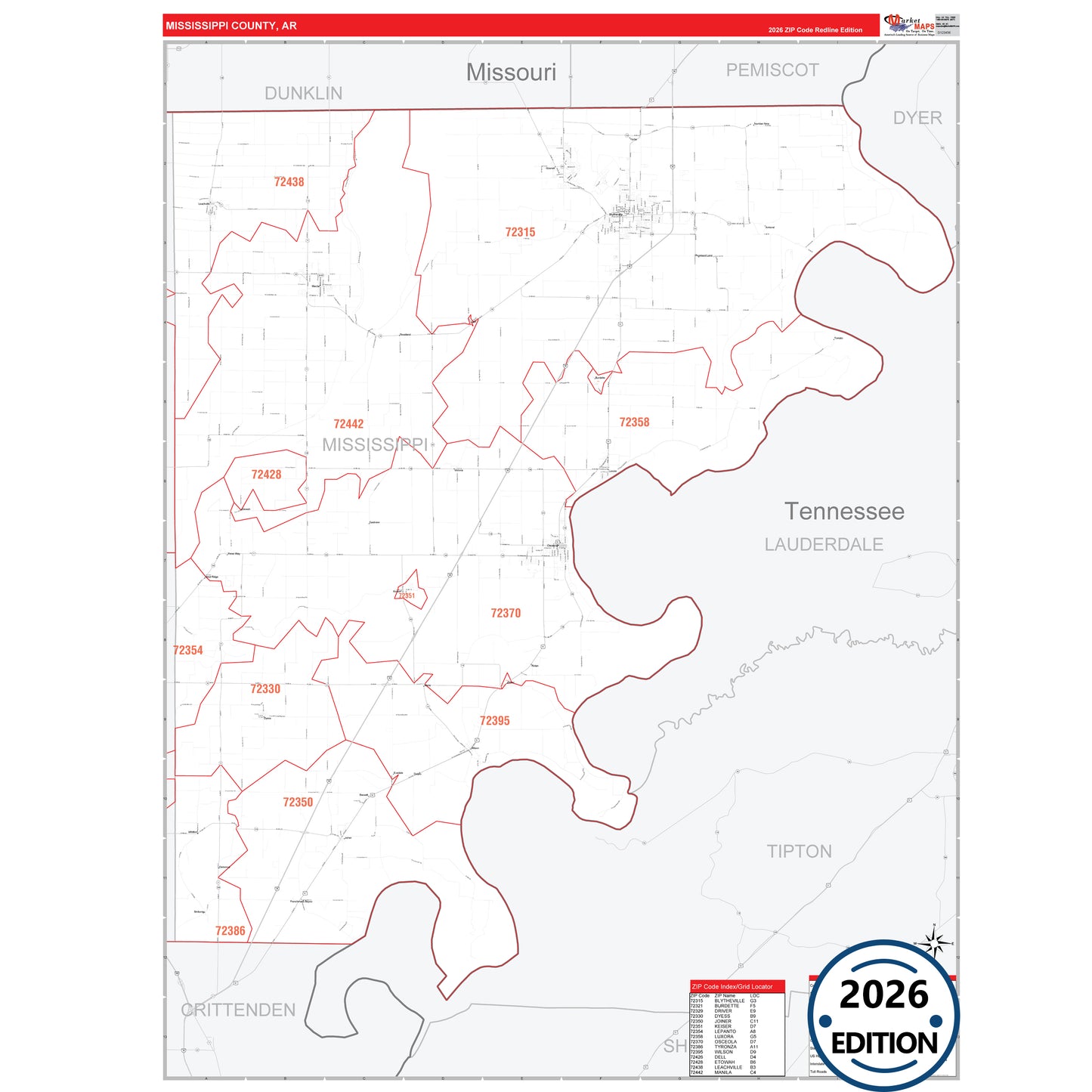 Mississippi County, AR Red Line 5 Digit ZIP Code Wall Map