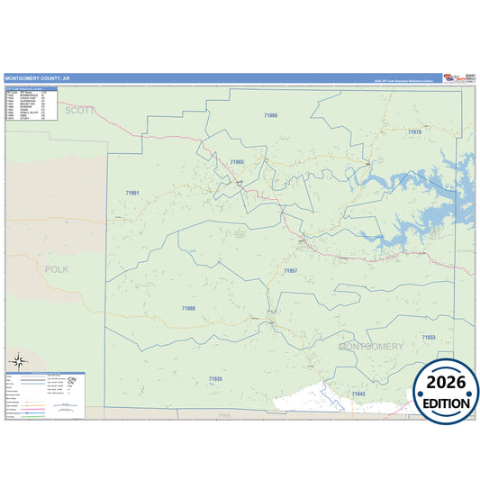Montgomery County, AR Business Reference 5 Digit ZIP Code Wall Map
