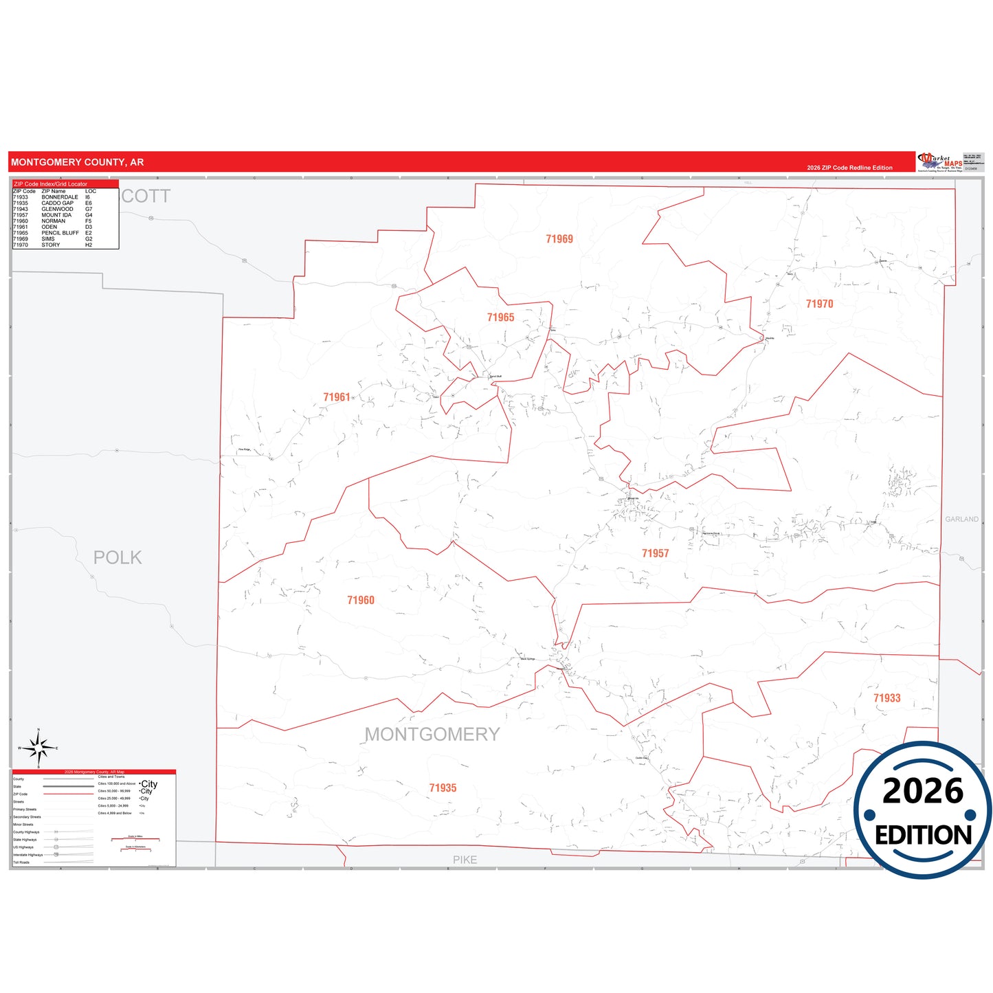 Montgomery County, AR Red Line 5 Digit ZIP Code Wall Map