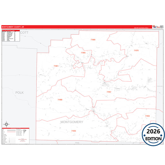 Montgomery County, AR Red Line 5 Digit ZIP Code Wall Map