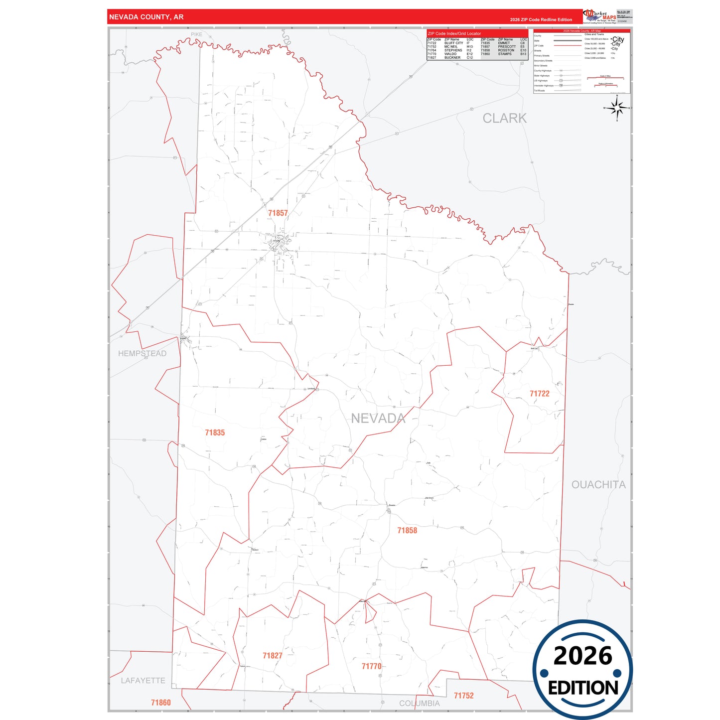 Nevada County, AR Red Line 5 Digit ZIP Code Wall Map