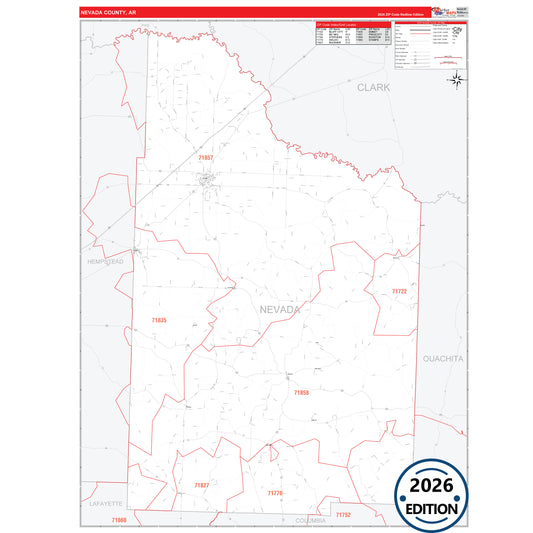 Nevada County, AR Red Line 5 Digit ZIP Code Wall Map