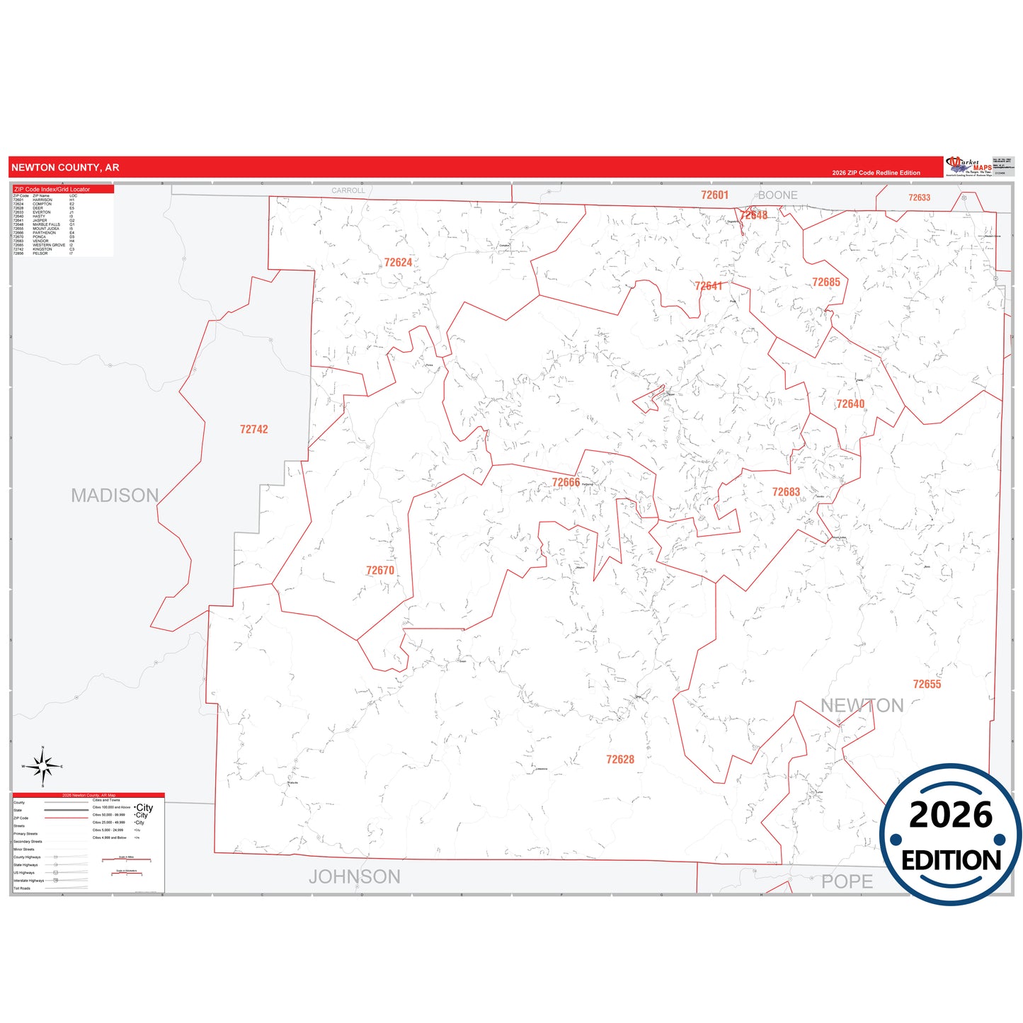 Newton County, AR Red Line 5 Digit ZIP Code Wall Map