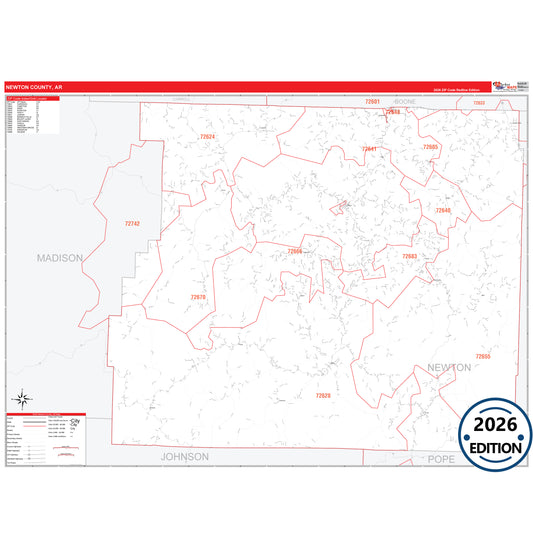 Newton County, AR Red Line 5 Digit ZIP Code Wall Map