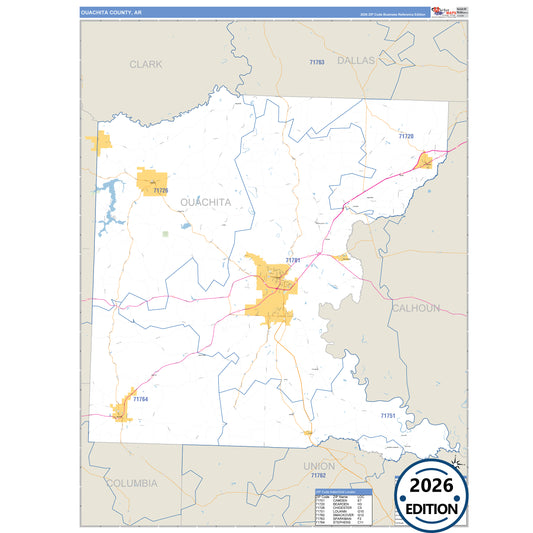 Ouachita County, AR Business Reference 5 Digit ZIP Code Wall Map