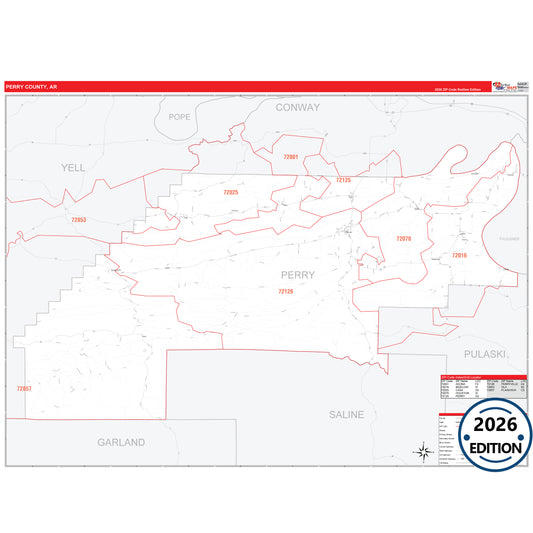 Perry County, AR Red Line 5 Digit ZIP Code Wall Map